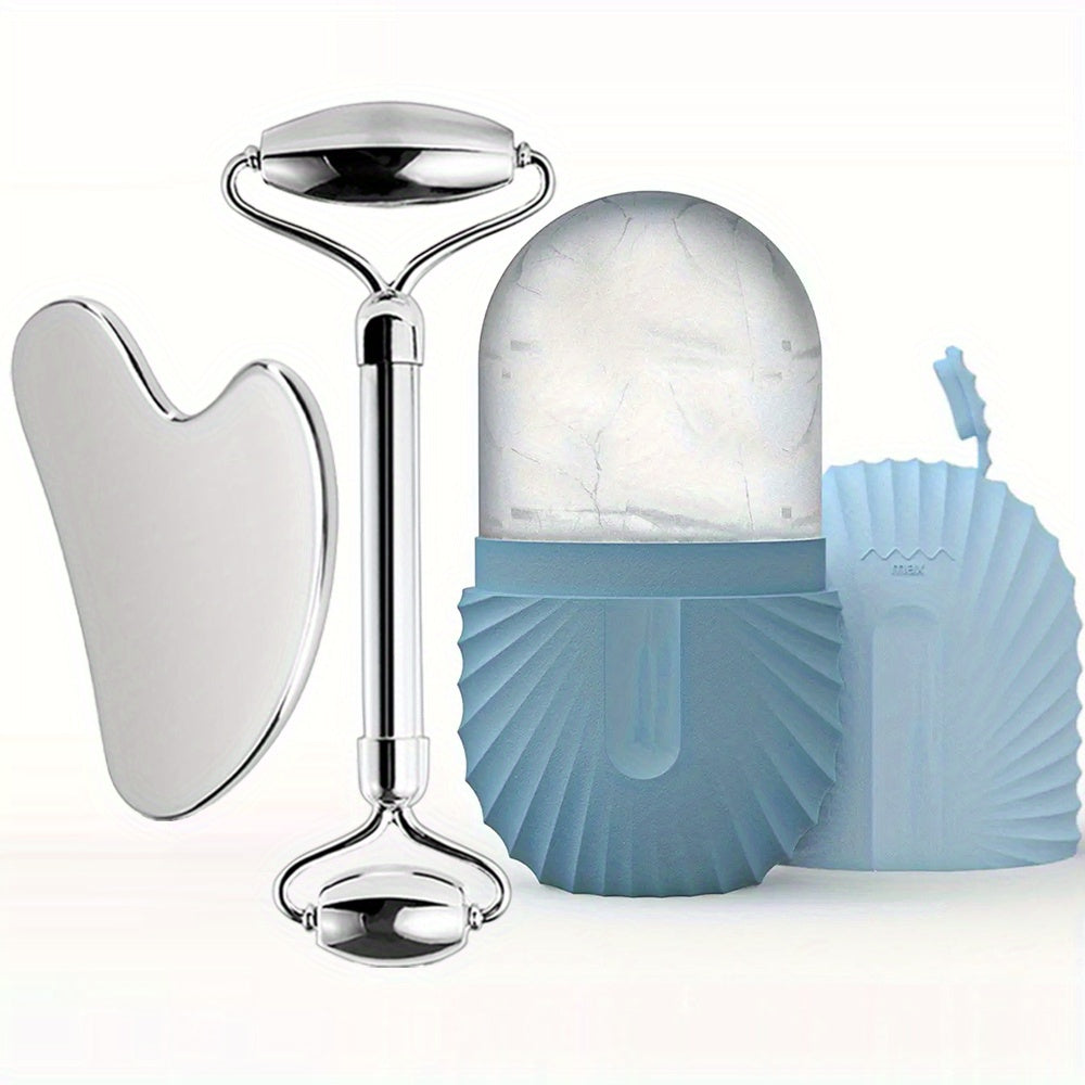 3 piece set Stainless Steel Ice Face Roller Set, Gua Sha and Dual-ended Face Roller kit.