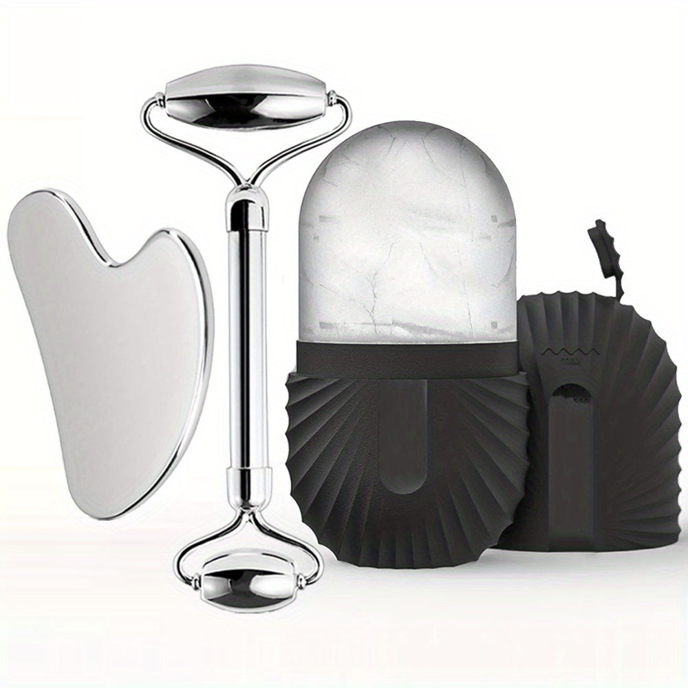 3 piece set Stainless Steel Ice Face Roller Set, Gua Sha and Dual-ended Face Roller kit.