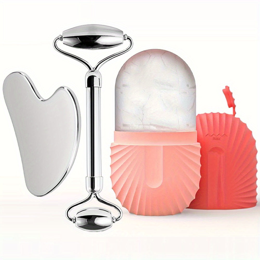 3 piece set Stainless Steel Ice Face Roller Set, Gua Sha and Dual-ended Face Roller kit.