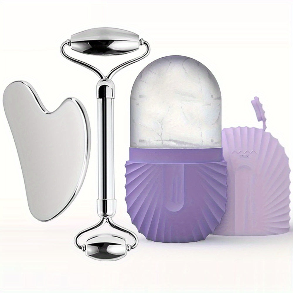 3 piece set Stainless Steel Ice Face Roller Set, Gua Sha and Dual-ended Face Roller kit.