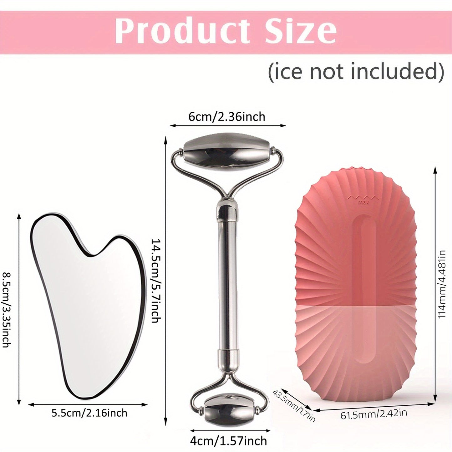 3 piece set Stainless Steel Ice Face Roller Set, Gua Sha and Dual-ended Face Roller kit.