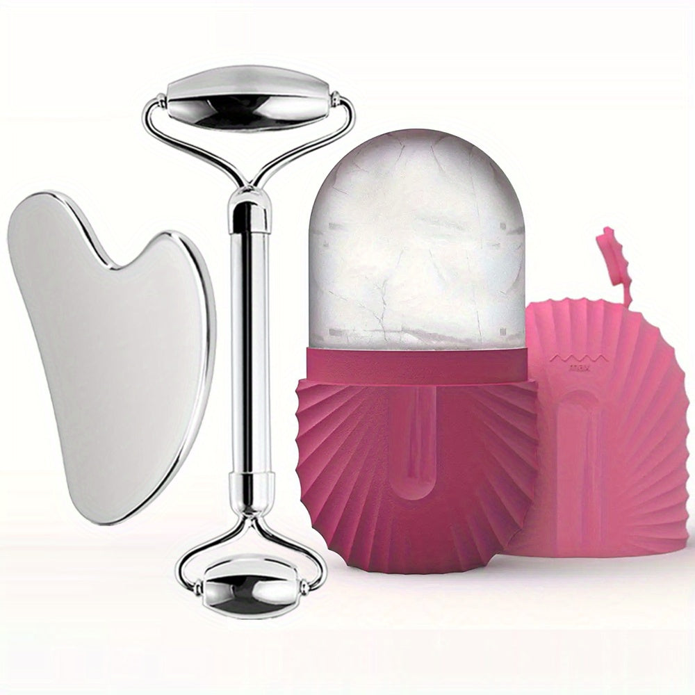 3 piece set Stainless Steel Ice Face Roller Set, Gua Sha and Dual-ended Face Roller kit.